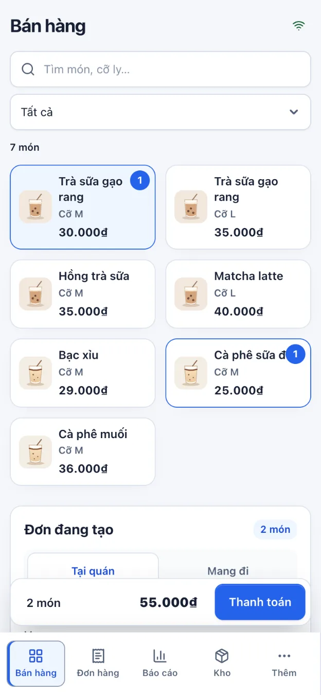 Màn Bán hàng của Tilomi trên điện thoại: lưới món có giá và giỏ hàng đang tạo, dữ liệu mẫu.